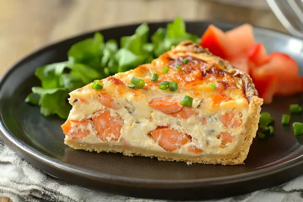 Slice of salmon quiche with canned salmon, served with a side of fresh greens and tomatoes.