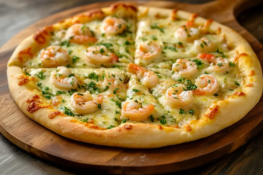 A freshly baked shrimp scampi pizza recipe with golden crust, topped with shrimp, melted cheese, and fresh parsley.