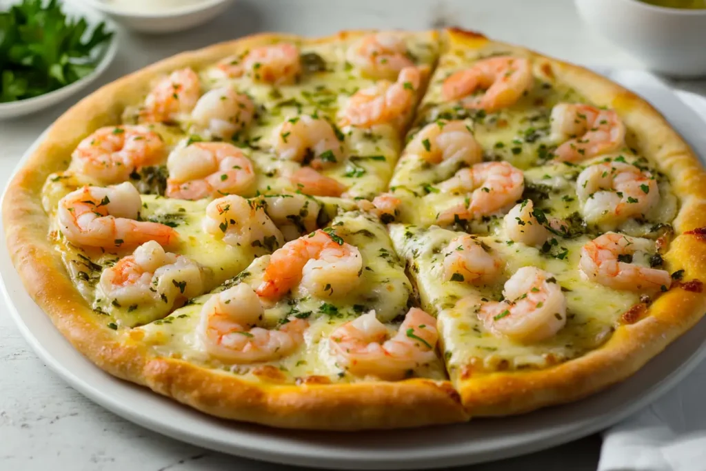 A close-up view of shrimp scampi pizza recipe topped with cooked shrimp, melted cheese, and fresh parsley on a golden crust.