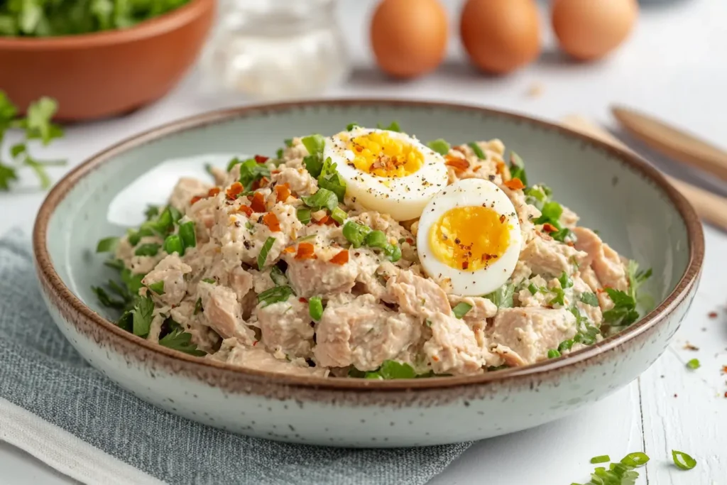 Tuna salad with hard-boiled eggs, chopped green onions, and cilantro, topped with chili flakes, served in a blue bowl with eggs in the background.