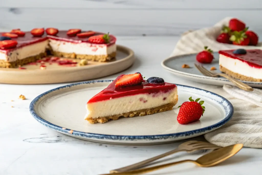 Slice of jello cheesecake with fresh strawberries and blueberries on top, served on a plate.