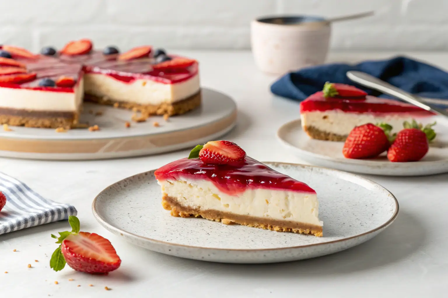 Slice of jello cheesecake with a smooth texture, topped with strawberries on a plate.