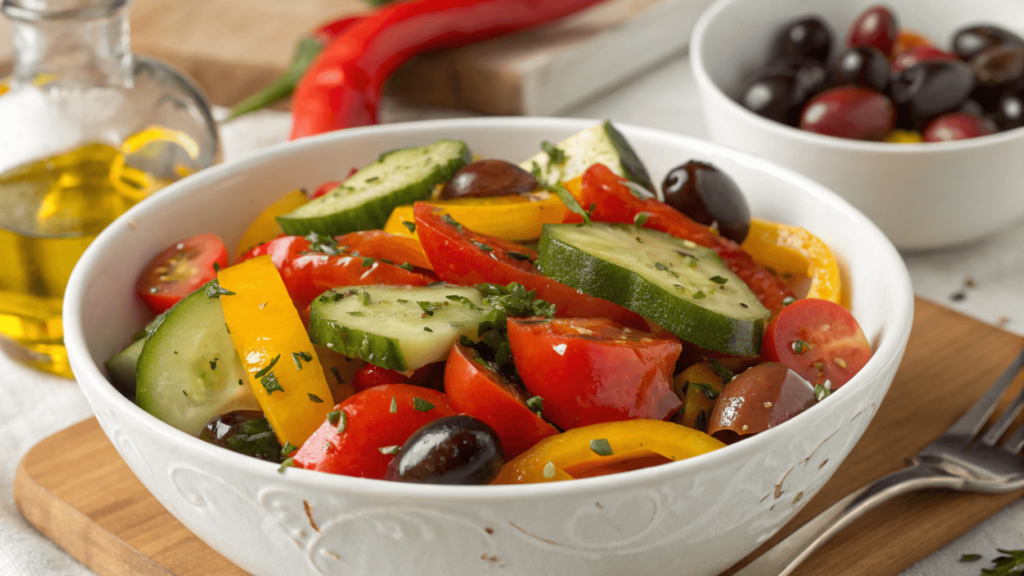 A vibrant olive salad with cucumbers, tomatoes, yellow bell peppers, and Kalamata olives, garnished with fresh herbs, served in a white bowl.