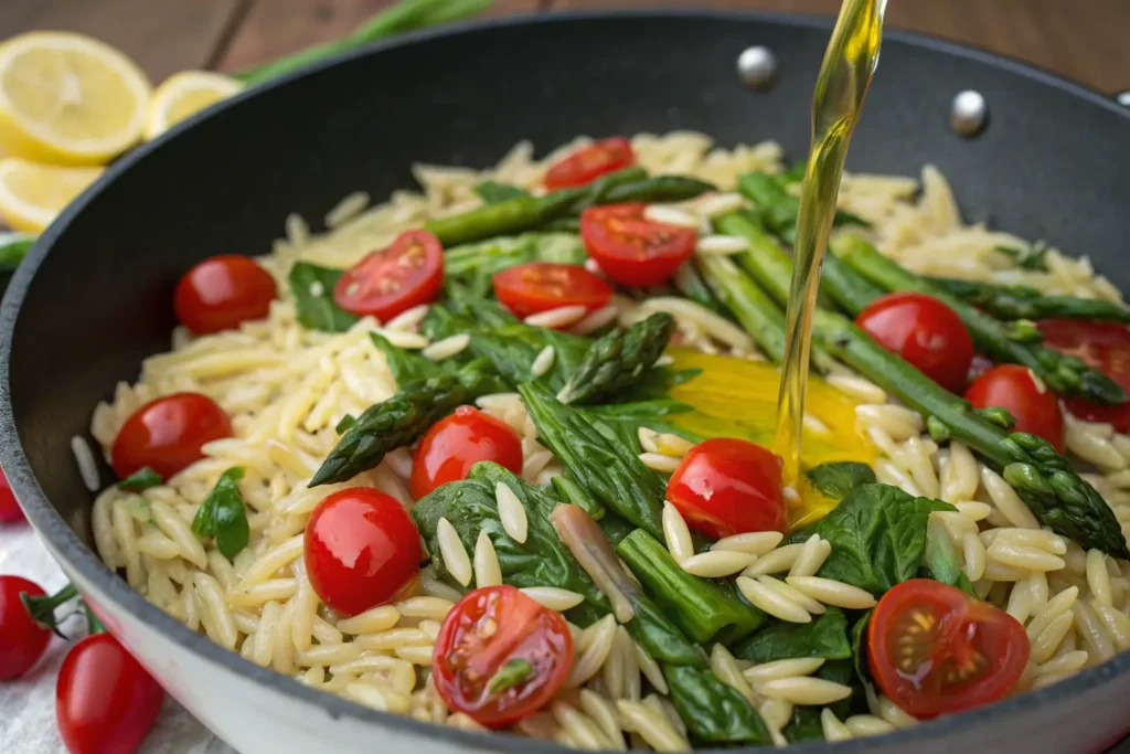 Orzo pasta being cooked with cherry tomatoes, spinach, and asparagus, with olive oil being drizzled on top.