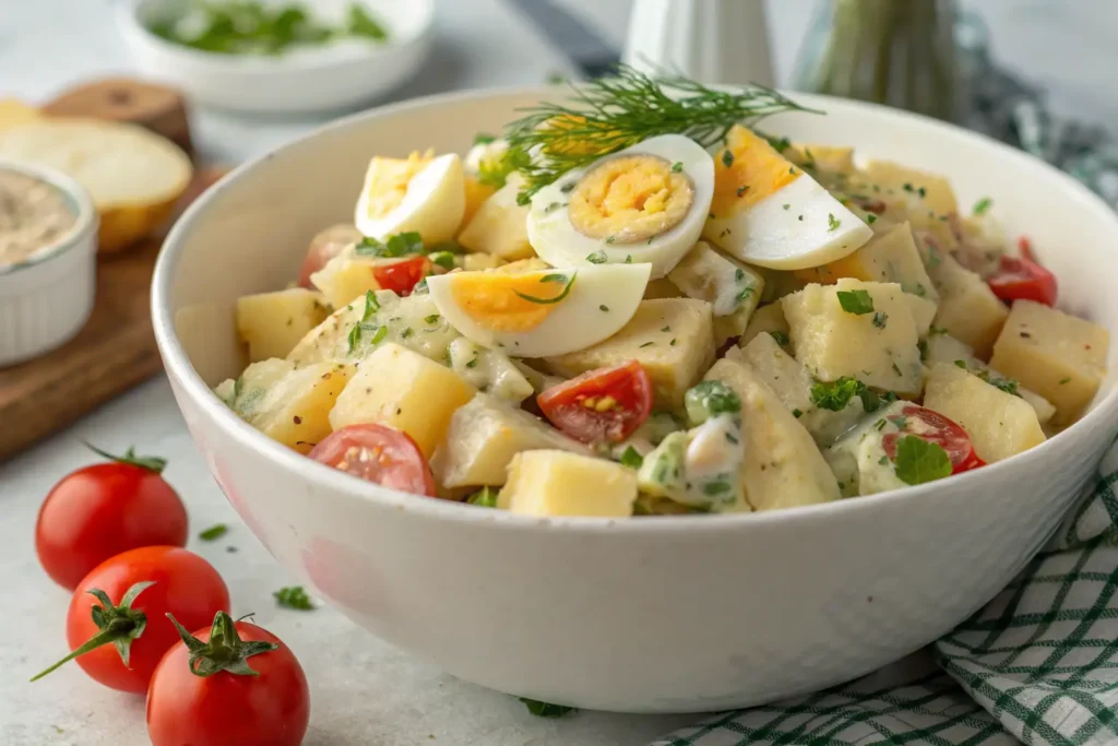 A beautifully presented potato and egg salad recipe easy to prepare