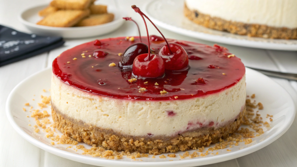 Delicious cherry cheesecake recipe topped with fresh cherries.