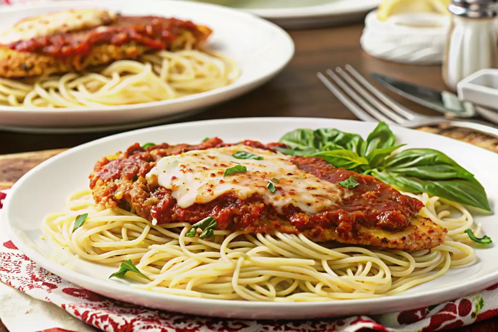 Slow-cooked Chicken Parmesan served with spaghetti and marinara sauce, topped with melted mozzarella cheese and fresh basil leaves.