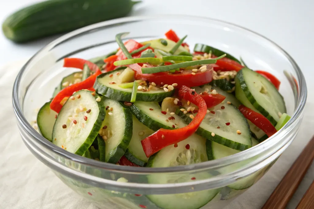 f spicy cucumber salad with sliced cucumbers, red chili peppers, green onions, sesame seeds, and a flavorful dressing.