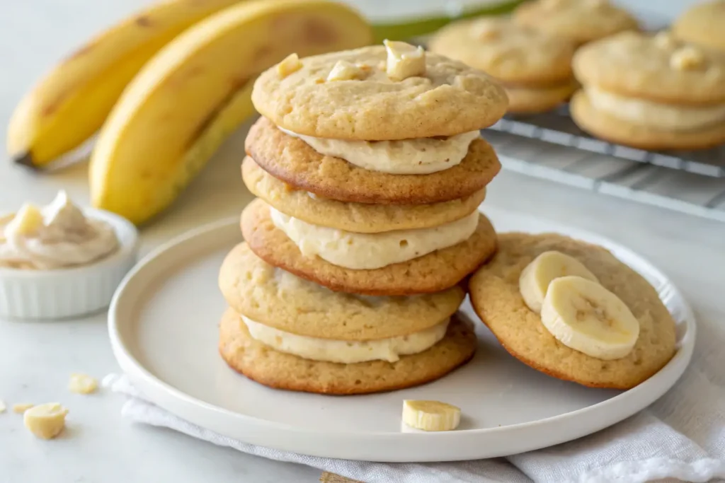 Stack of banana pudding cookies on a plate, showcasing their soft texture and banana flavor.