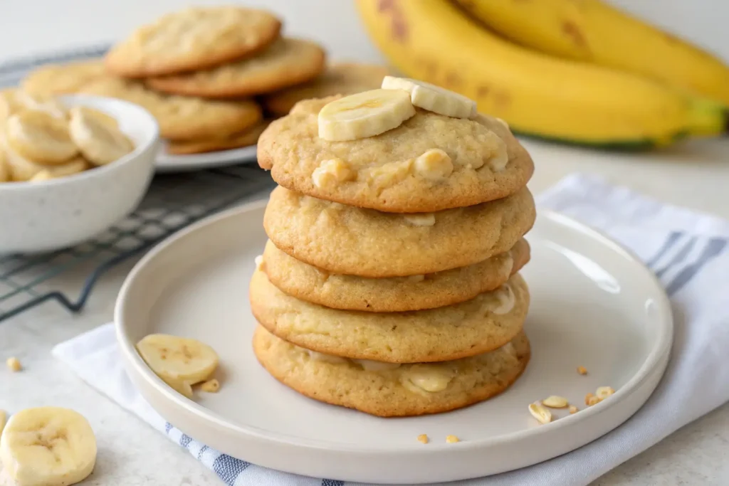 Stack of banana pudding cookies with banana slices on a plate