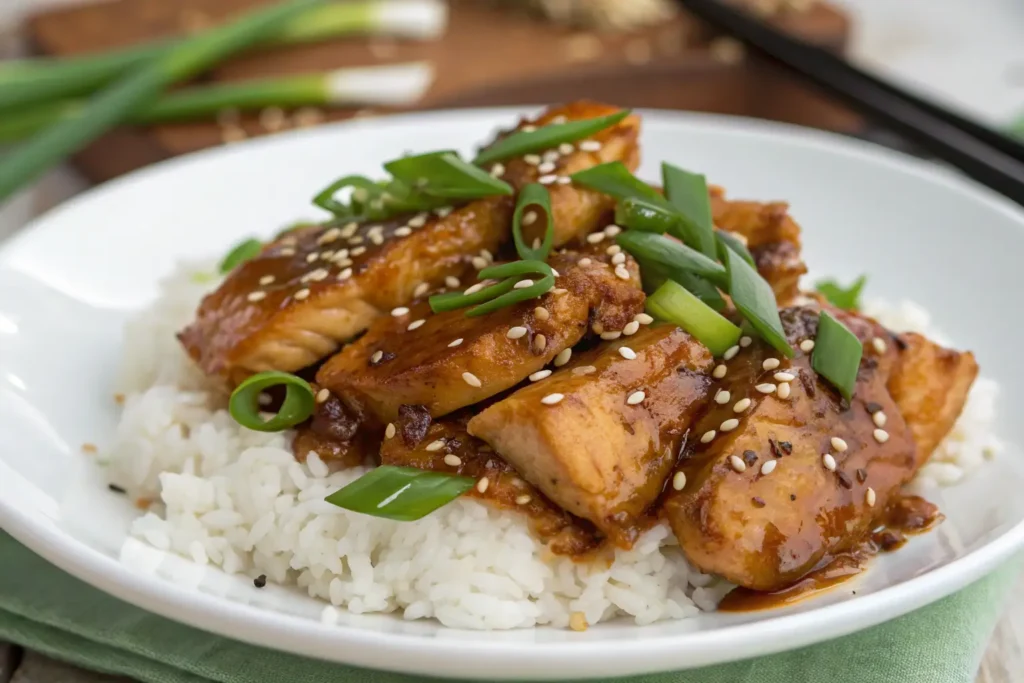 Delicious teriyaki chicken recipe served with steamed rice and vegetables.