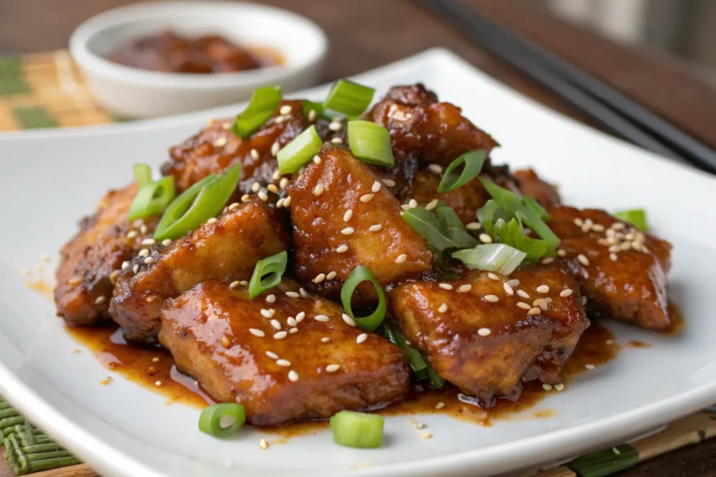 Teriyaki chicken pieces with sesame seeds and green onions on a white plate.