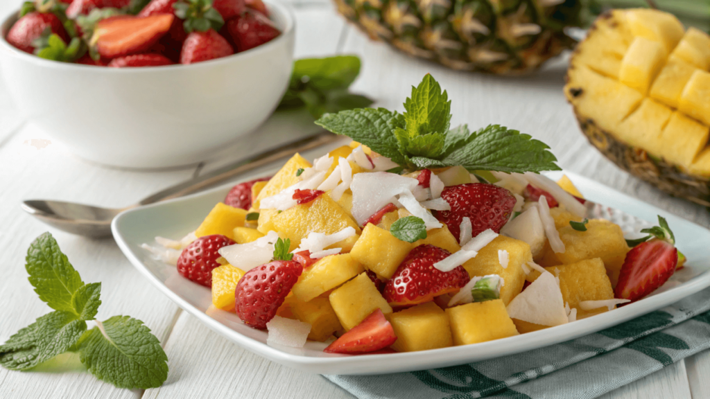Vibrant tropical pineapple salad with pineapple, strawberries, mango, coconut flakes, and mint leaves.