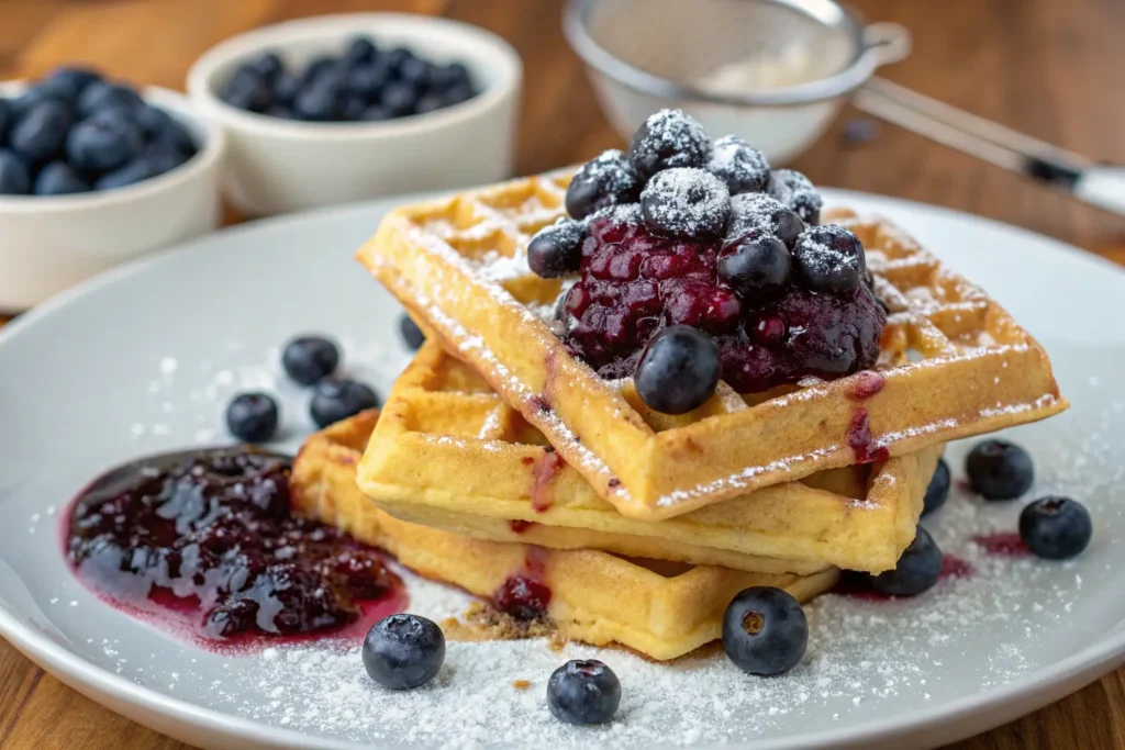 Delicious waffles topped with blueberry compote recipe, fresh blueberries, and a dusting of powdered sugar.