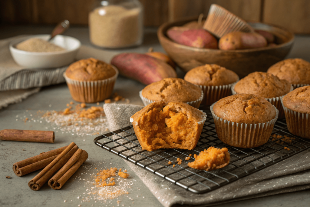 A batch of freshly baked sweet potato muffins on a cooling rack, with one muffin cut open to reveal its soft, orange interior, surrounded by cinnamon sticks and sweet potatoes.