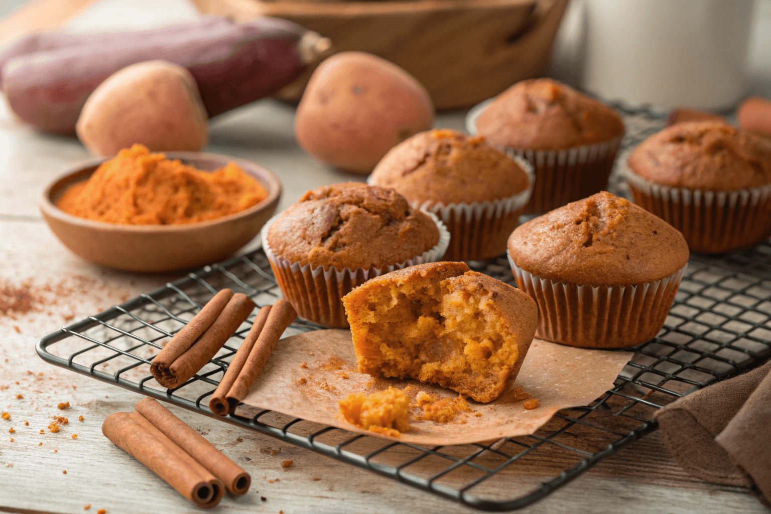 A batch of freshly baked sweet potato muffins on a cooling rack with a few muffins cut open, revealing the soft orange interior, with cinnamon sticks and sweet potato mash nearby.