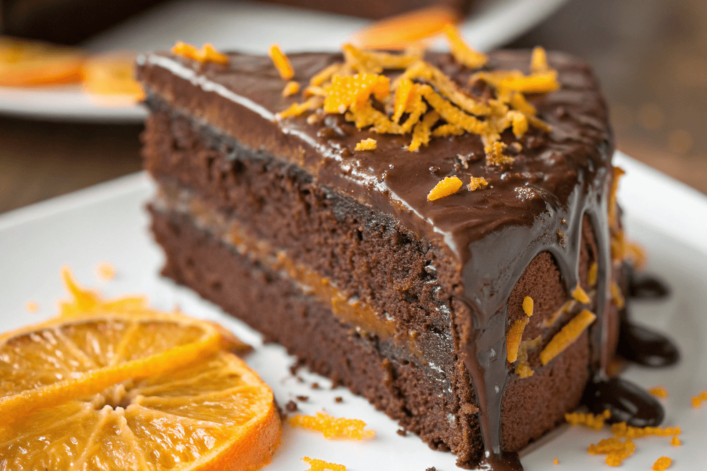 Close-up of a slice of chocolate orange cake with chocolate ganache, orange zest, and a juicy orange drizzle.