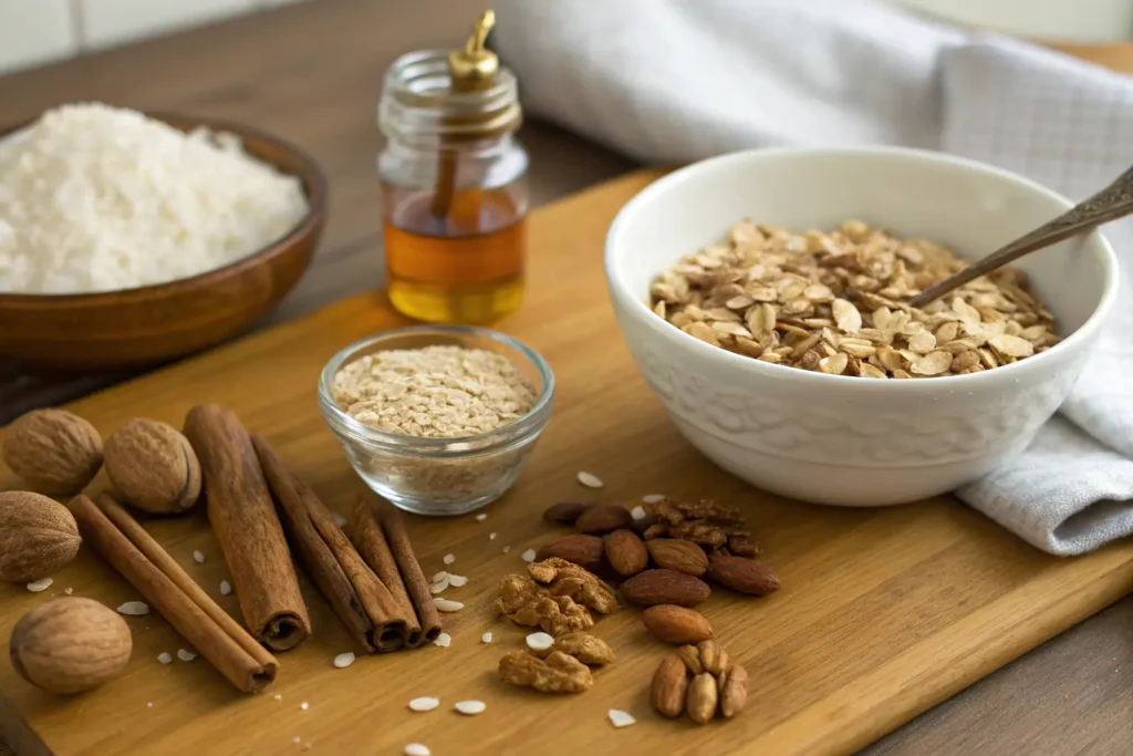 Ingredients for Vanilla Nut Granola including oats, almonds, walnuts, honey, vanilla extract, cinnamon, and coconut oil.