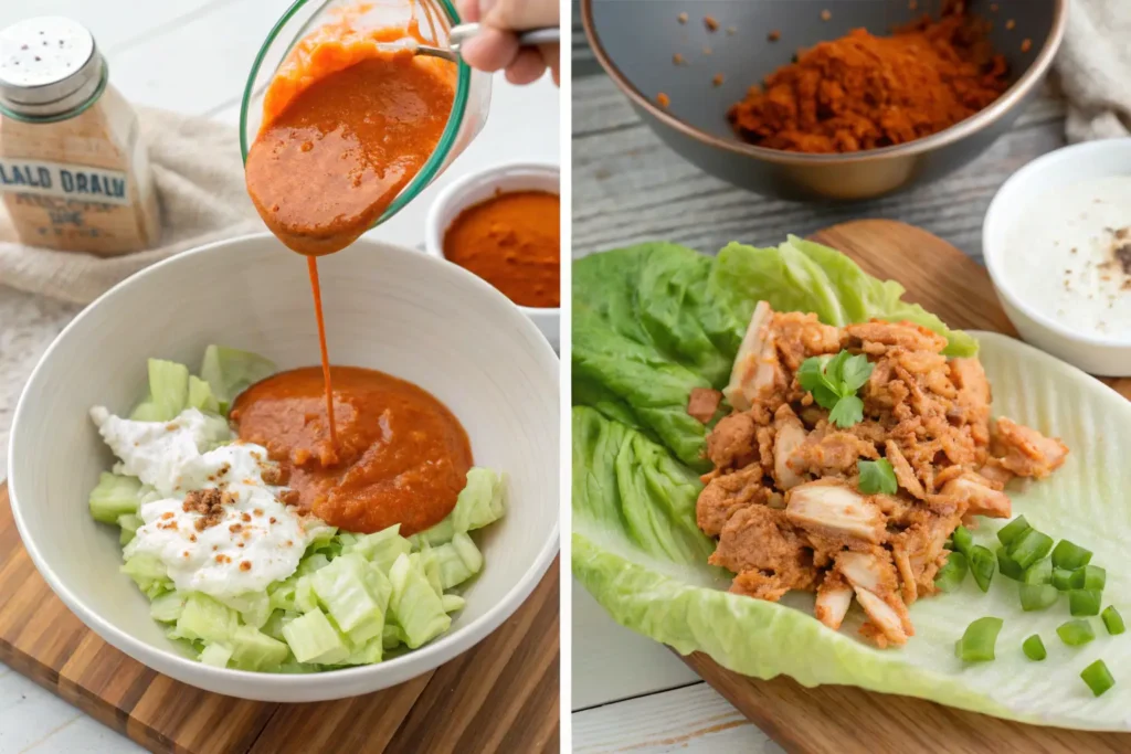 Step-by-step visual of making Buffalo Chicken Lettuce Wraps: pouring buffalo sauce over lettuce and sour cream, followed by the chicken mixture placed in a lettuce wrap and garnished with green onions.