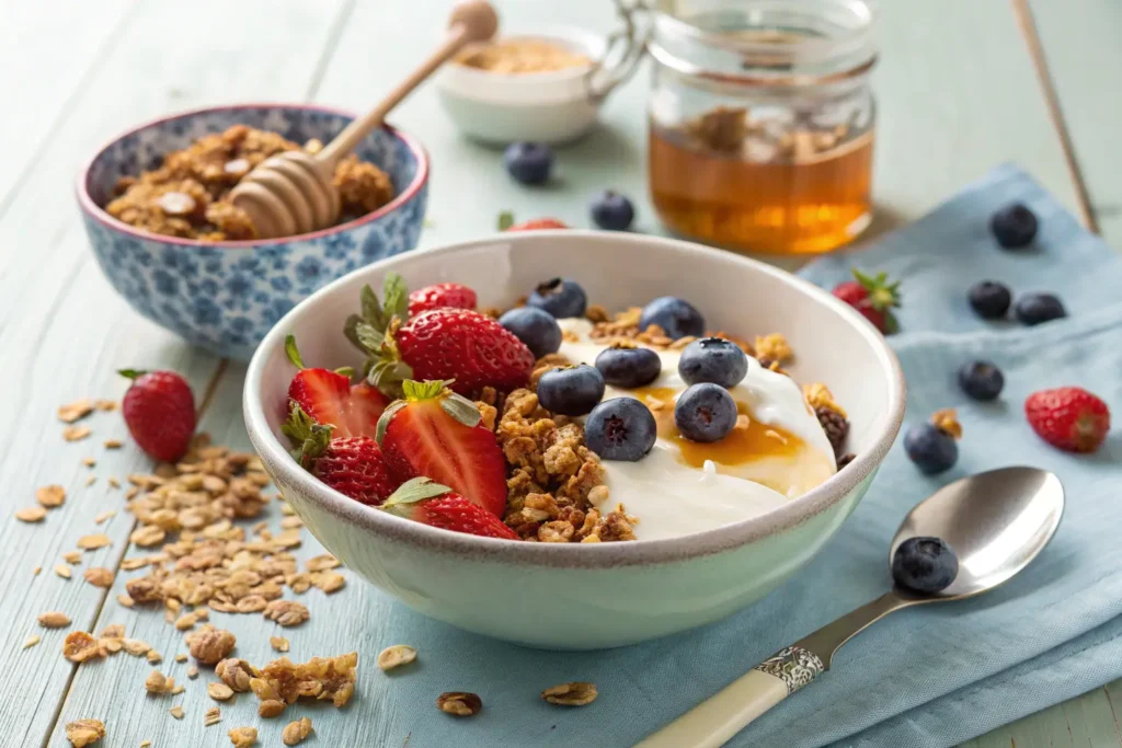 Bowl of Vanilla Nut Granola with yogurt, fresh berries, and honey on a wooden table.