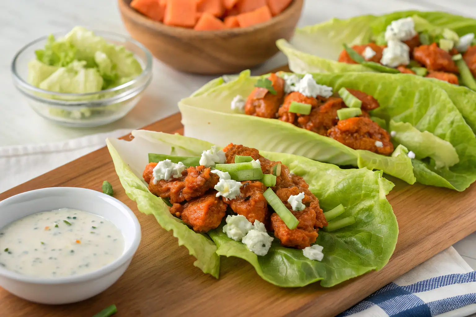 Buffalo Chicken Lettuce Wraps with spicy buffalo chicken, blue cheese crumbles, and green onions served with a side of ranch dressing.