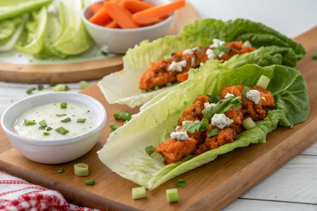 Buffalo Chicken Lettuce Wraps with spicy buffalo chicken, blue cheese crumbles, green onions, and fresh cilantro, served with ranch dressing and carrots.