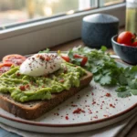 avocado toast with poached egg, sliced tomatoes, and fresh herbs on a rustic plate.