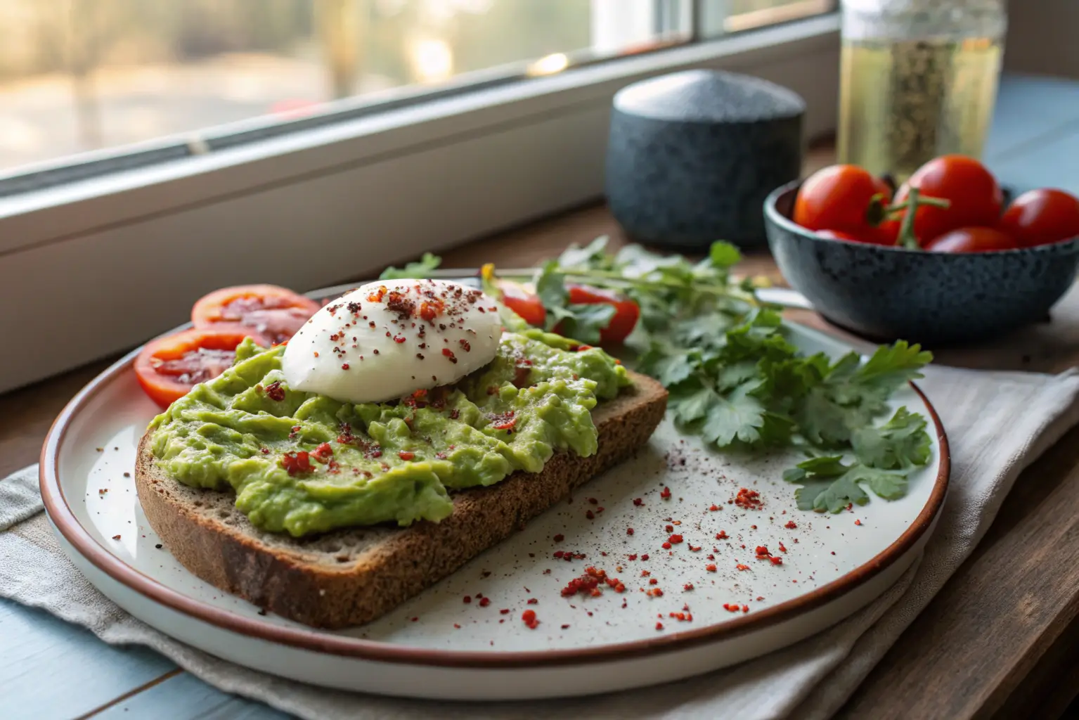 avocado toast with poached egg, sliced tomatoes, and fresh herbs on a rustic plate.