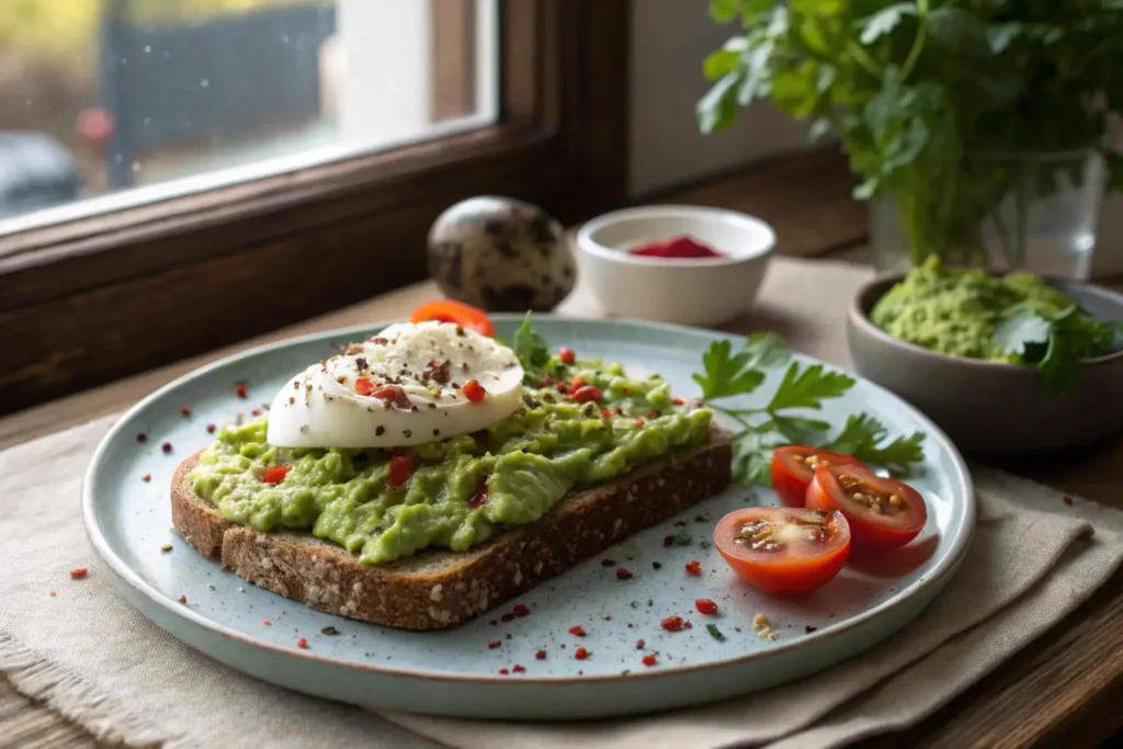 Avocado toast with a poached egg, cherry tomatoes, and fresh herbs on whole grain bread.