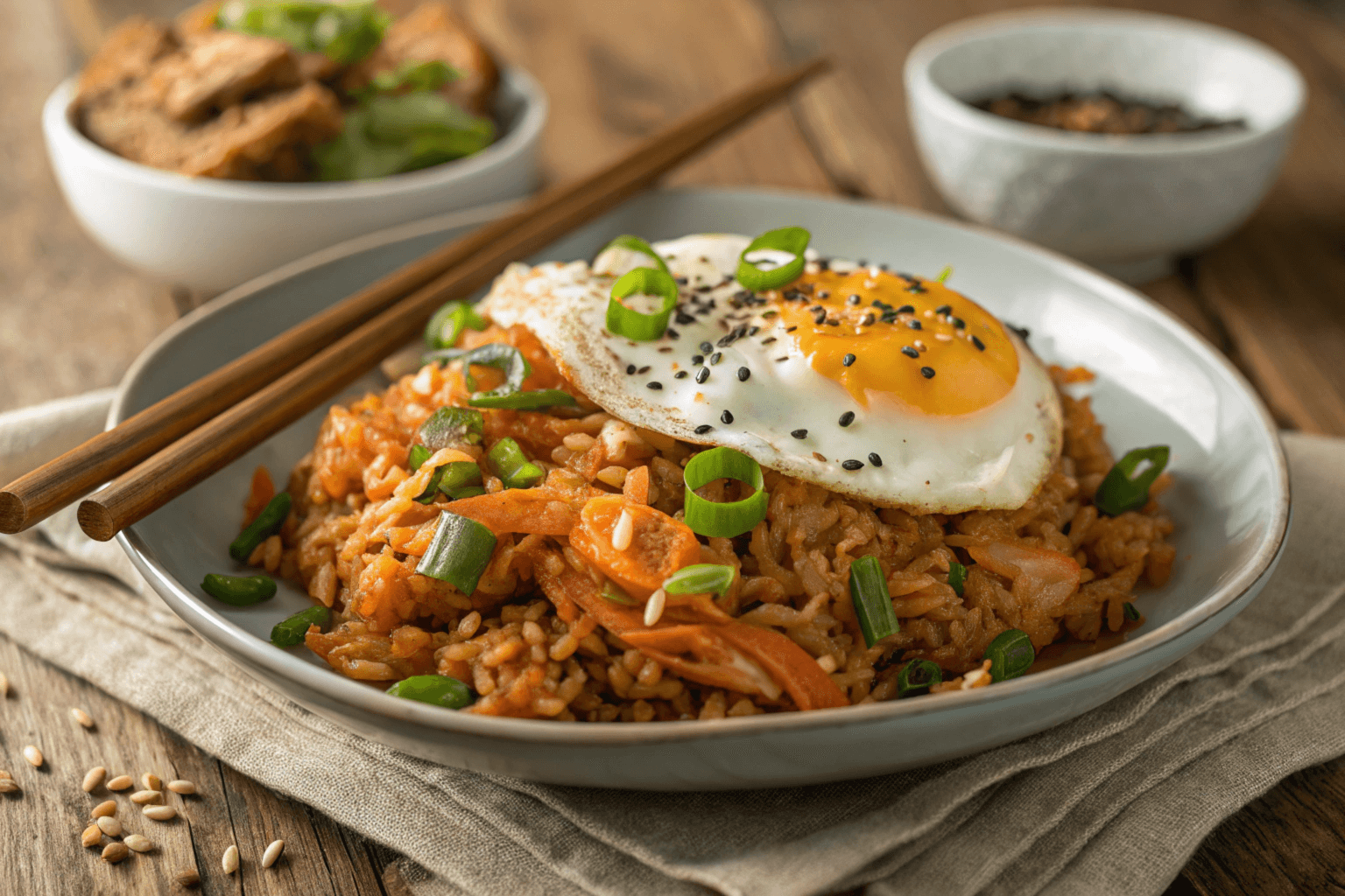 Kimchi fried rice with a fried egg on top, garnished with green onions and sesame seeds, served on a light gray plate with chopsticks.