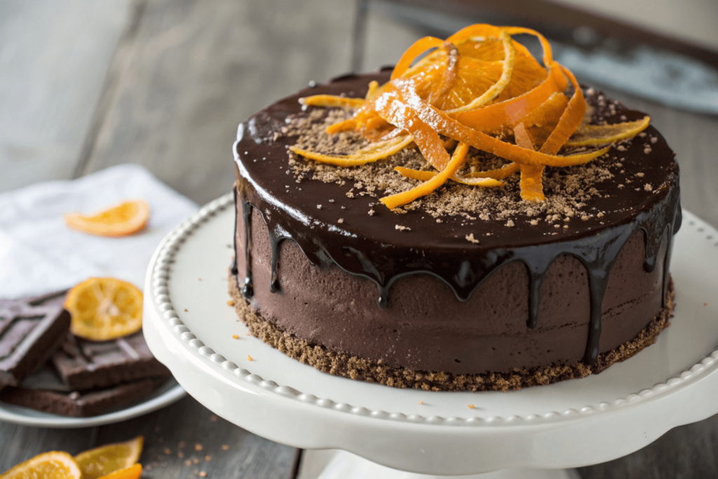 Delicious chocolate orange cake with glossy ganache, orange zest, and candied orange peel on a cake stand.