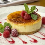 Creme brulee cheesecake with a golden caramelized top, fresh raspberries, and mint leaves, drizzled with raspberry sauce.