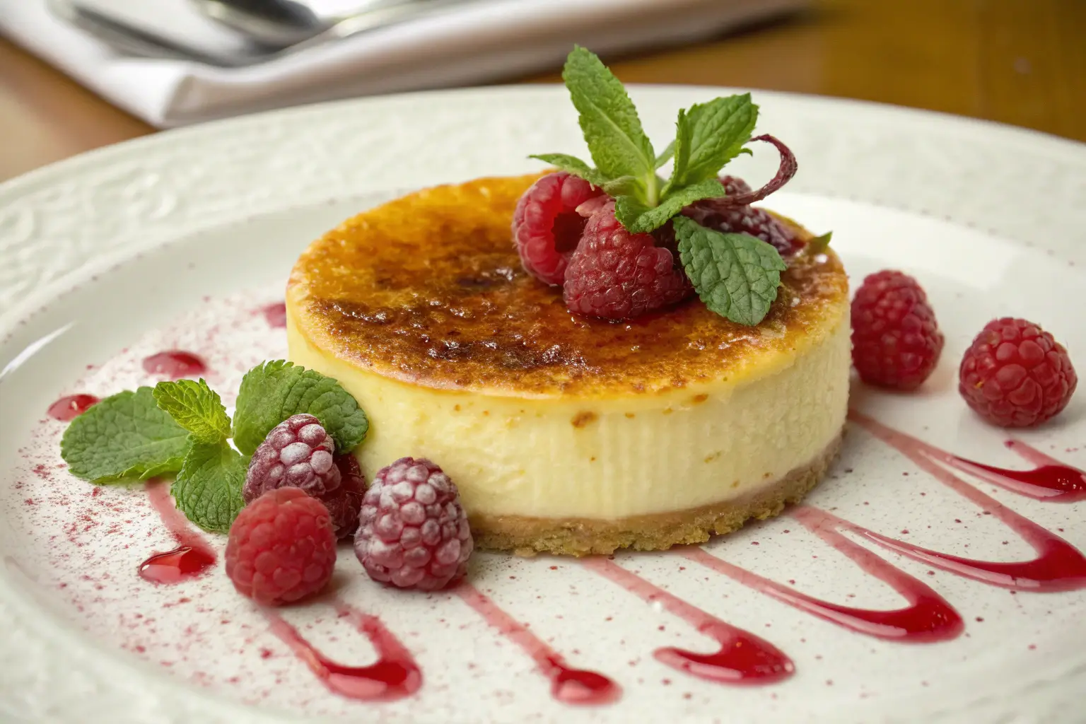 Creme brulee cheesecake with a golden caramelized top, fresh raspberries, and mint leaves, drizzled with raspberry sauce.