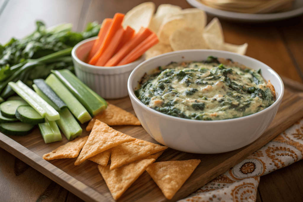 Delicious creamy spinach dip served in a white bowl surrounded by fresh vegetables and crispy chips for dipping.