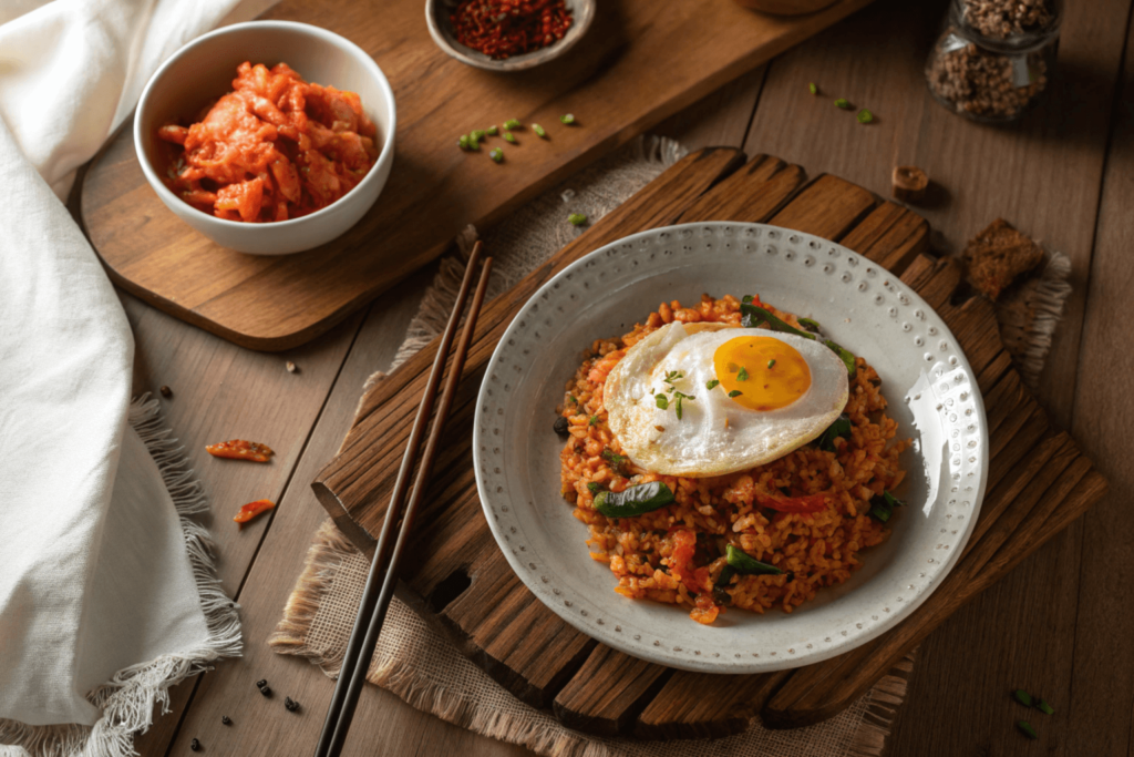 A plate of kimchi fried rice topped with a fried egg, garnished with green onions, served with a side of kimchi, and chopsticks resting beside it.