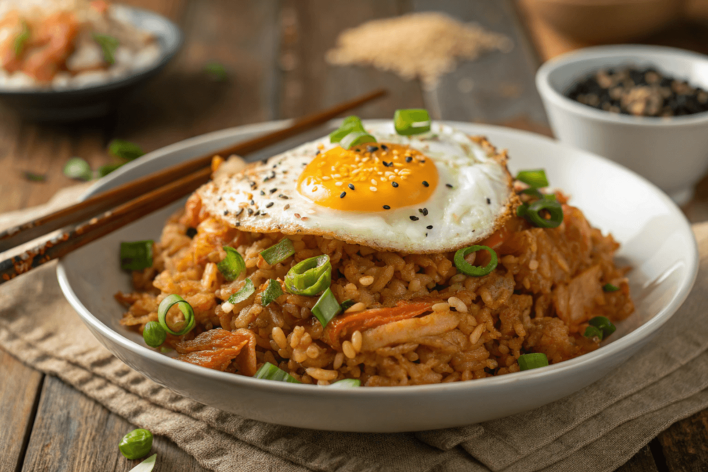 A plate of kimchi fried rice topped with a fried egg, garnished with green onions and sesame seeds, served with chopsticks on the side.