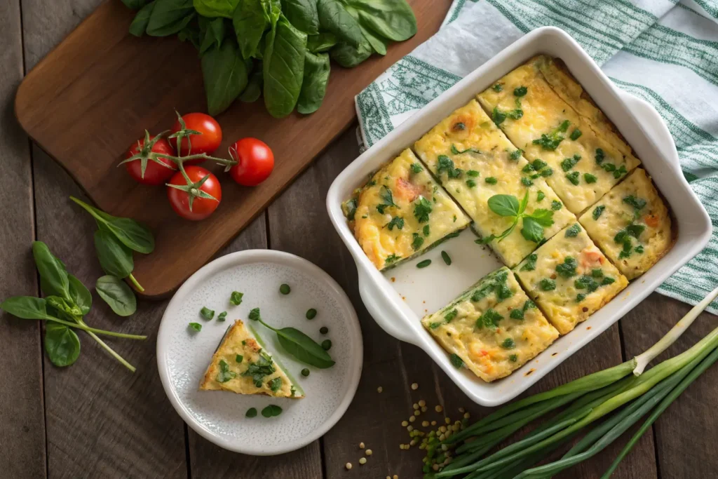 Freshly baked Cottage Cheese Egg Bake cut into squares with fresh vegetables and herbs on a rustic wooden table.