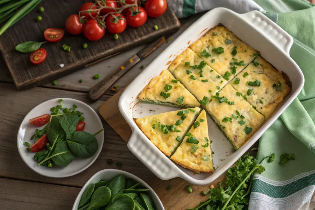 Overhead view of freshly baked Cottage Cheese Egg Bake, sliced into portions and garnished with fresh herbs, served with spinach and tomatoes.