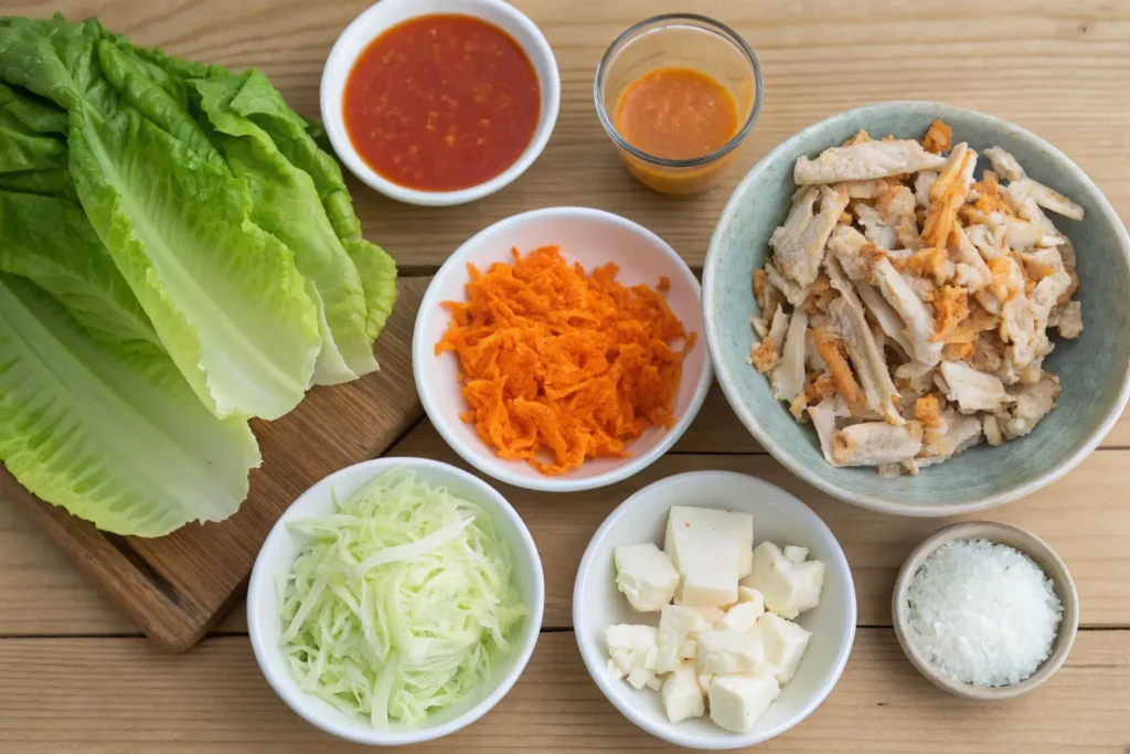 Overhead view of ingredients for Buffalo Chicken Lettuce Wraps, including lettuce, shredded carrots, sliced chicken, buffalo sauce, shredded cabbage, cheese cubes, and salt.