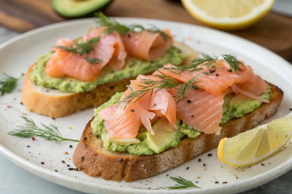 Avocado toast with smoked salmon, dill, and a lemon wedge on toasted bread.