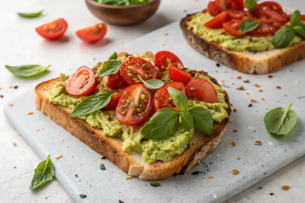 Avocado toast with fresh tomato slices and basil leaves on toasted bread.