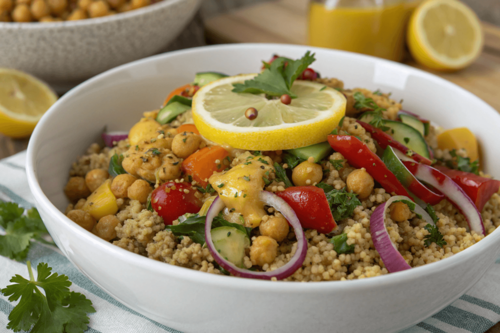 A vibrant Crunchy Chickpea and Quinoa Salad with colorful vegetables like cucumbers, red and yellow bell peppers, red onions, chickpeas, and a lemon slice garnish.