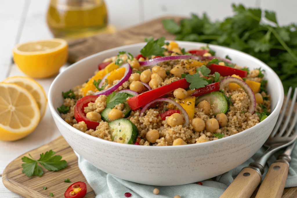 A vibrant Crunchy Chickpea and Quinoa Salad with bell peppers, cucumbers, red onions, and chickpeas, garnished with fresh parsley and lemon slices.