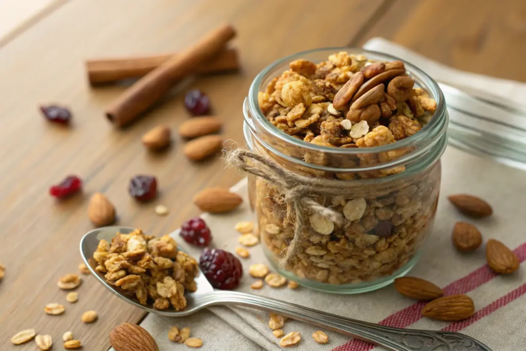 Homemade Vanilla Nut Granola in a rustic glass jar with almonds, cranberries, and cinnamon sticks scattered around.