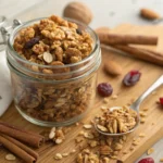 Homemade Vanilla Nut Granola in a glass jar with oats, almonds, walnuts, and dried cranberries scattered on a wooden surface.