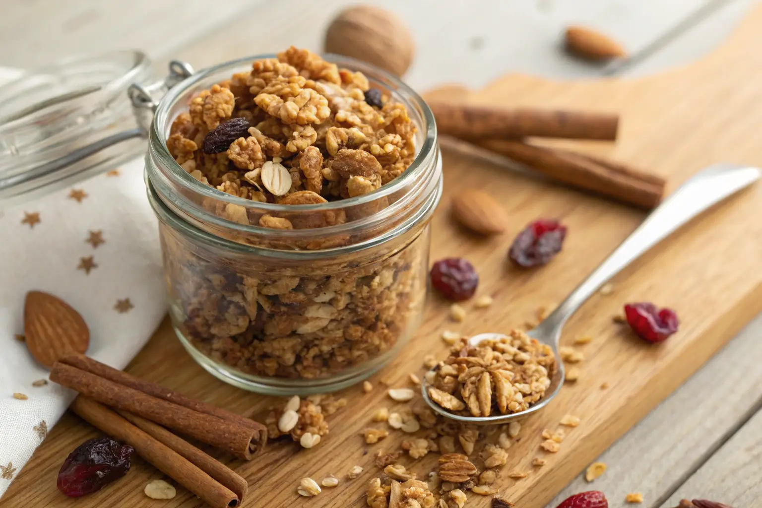 Homemade Vanilla Nut Granola in a glass jar with oats, almonds, walnuts, and dried cranberries scattered on a wooden surface.