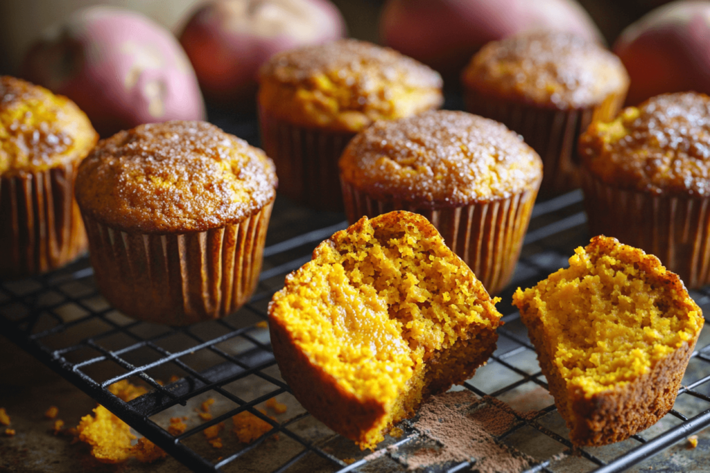 A batch of freshly baked sweet potato muffins cooling on a rack, with one muffin cut open to show its soft, moist interior, surrounded by whole sweet potatoes.