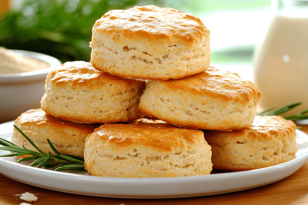 A stack of golden-brown, fluffy biscuits on a white plate with fresh rosemary, set in a rustic kitchen with flour in the background.