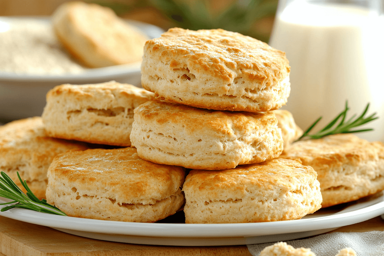 Golden-brown biscuits stacked on a white plate with rosemary garnishing, set in a rustic kitchen with flour in the background.