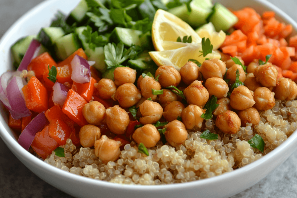 A colorful Crunchy Chickpea and Quinoa Salad with roasted chickpeas, cucumber, carrots, red onion, and fresh parsley, served in a white bowl.